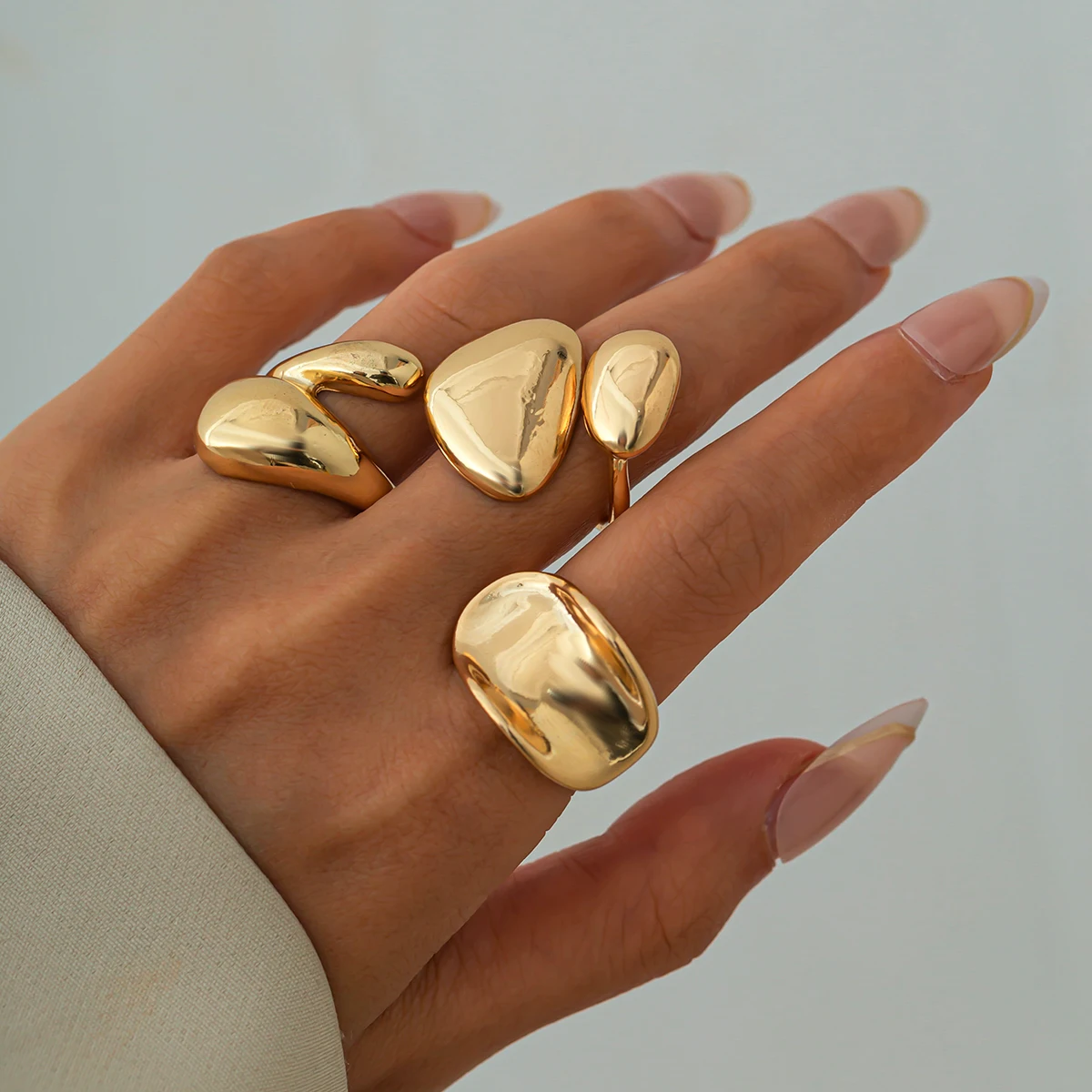 SHIXIN 3 Pcs Punk Water Drop Snake Open Rings Set for Women Hip Hop Smooth Chunky Gold Color Adjustable Ring Finger Jewelry New