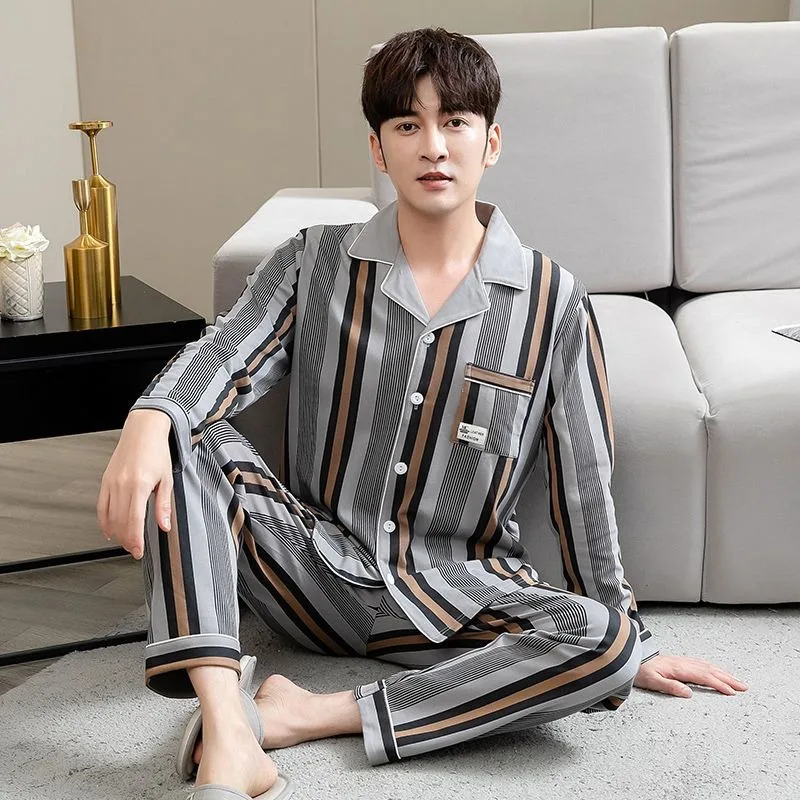 

2024 New Men's Pajamas Spring Autumn Cotton Sleepwear Thin Long Sleeved Homewear Plus Size Oversized Loungewear Loose Nightwear