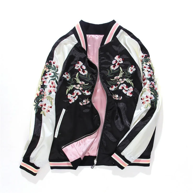 

Satin Yokosuka Sukajan Embroidery Baseball Jacket Women Double Sided Female Bomber Coat Floral Harajuku Autumn Japan Girls