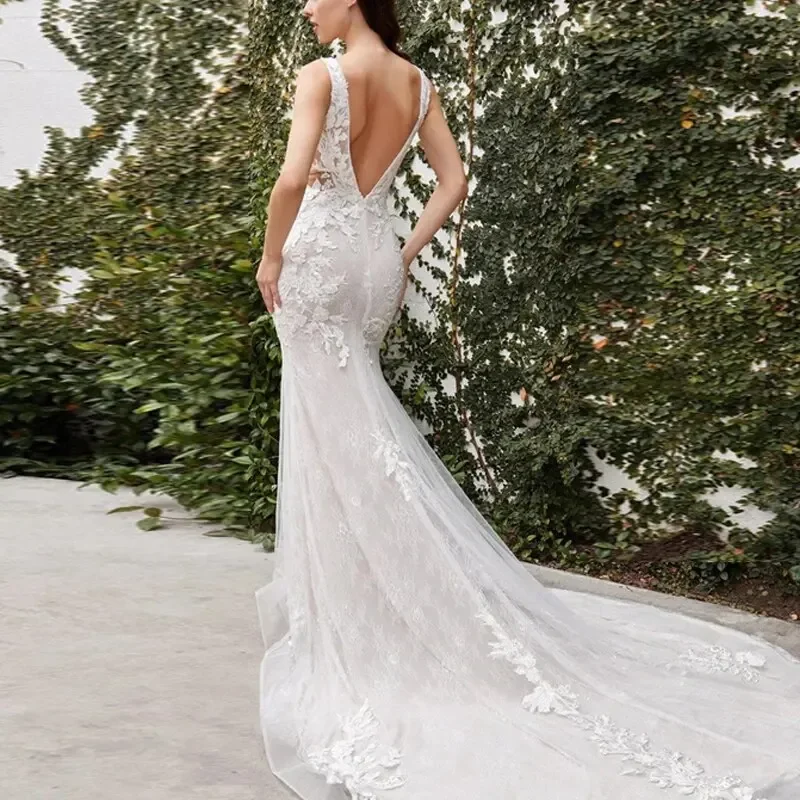 

Свадебное платье русалки по индивидуальному заказу, роскошный V-образный вырез, обычный ремень, кружевные аппликации, открытая спина, со шлейфом