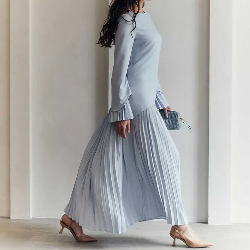 Office Fashion Patchwork Solid 2Pc Suit Women Casual Commuter Loose Outfits Elegant O-neck Long Sleeve Top & Pleated Skirt Sets