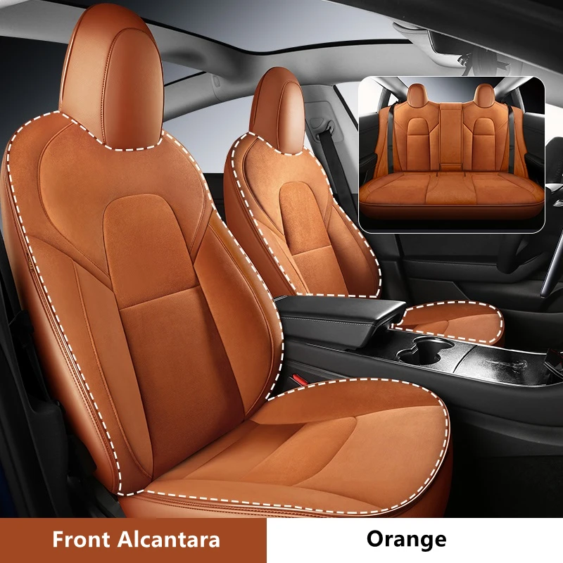 Custom Fit Car Alcan tara Seat Cover For Tesla Model Y 3 Car Accessories Specific For Tesla Full Covered For 5 Seaters Orange