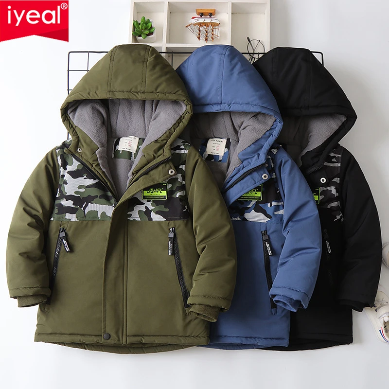 

IYEAL Boys Camouflage Coats Autumn Winter Fashion Hooded Children's Plus Velvet Warming Cotton Outerwear Jacket 4-14 Year