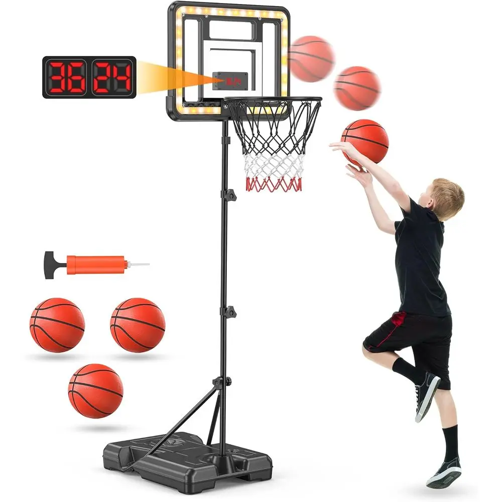

Adjustable Height Indoor/Outdoor Basketball Hoop for Kids with Scoreboard and Timer