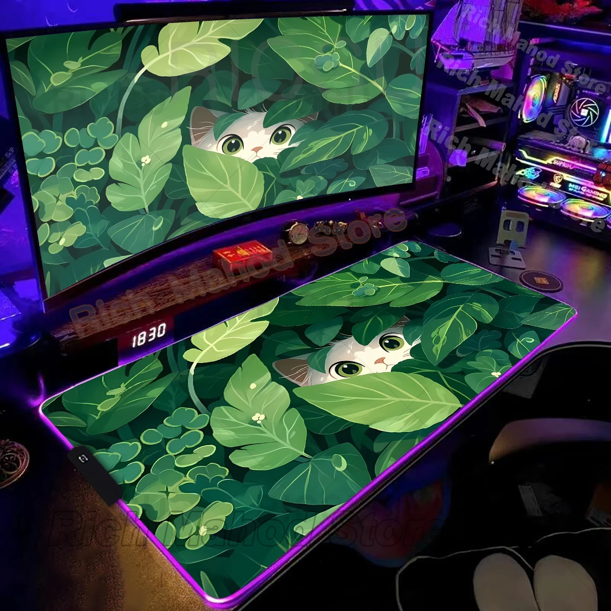 

RGB Mousepad Green Plants Cat Cartoon Deskmat LED Backlight Gaming Keyboard Rug Office Computer Accessories Cute Anime Mouse Pad