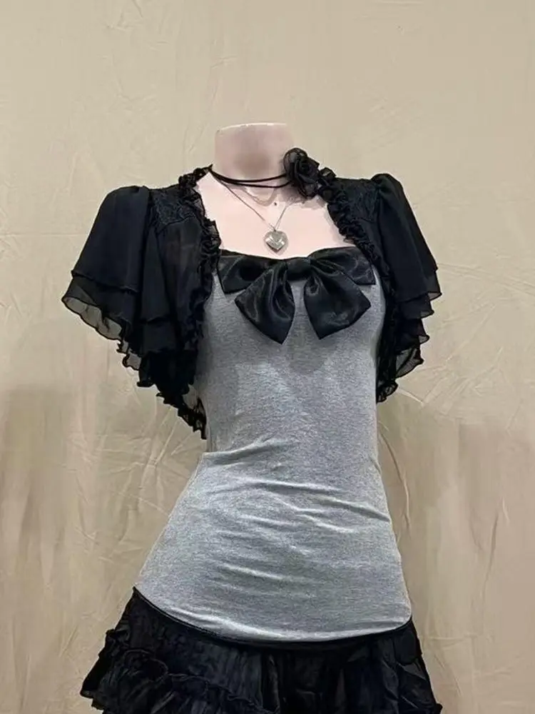 2025 sommer Frauen Kurzen Rock Y2K Schlank Patchwork Kurzen Mantel Bogen Leibchen Top Vintage Design Solide Tierred Mini Rock 3 stück Set