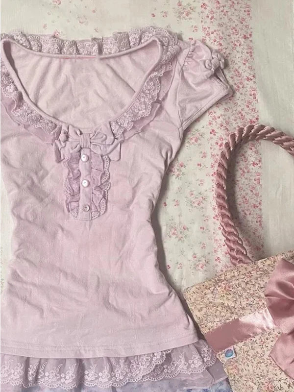 Original violet dentelle garniture ort Sve t-shirt femmes été Vintage Vintage haut ajusté coton mélange tenue décontracté