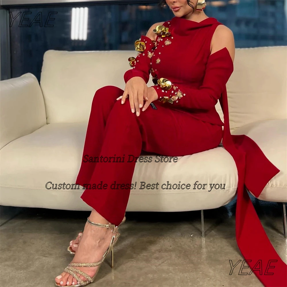 Santorini Aangepaste Broek Past Vrouwen Dragen Speciale Banket 3D-Bloemen Lange Mouwen Prom Jurken Twee Stukken Avondjurken