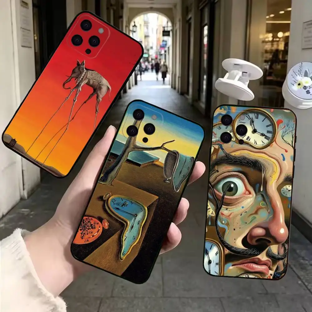 Coque de protection souple noire Salvador Dali A-Art pour iPhone 17 16 15 14 13 12 11 XS Mini Pro Air Max Plus