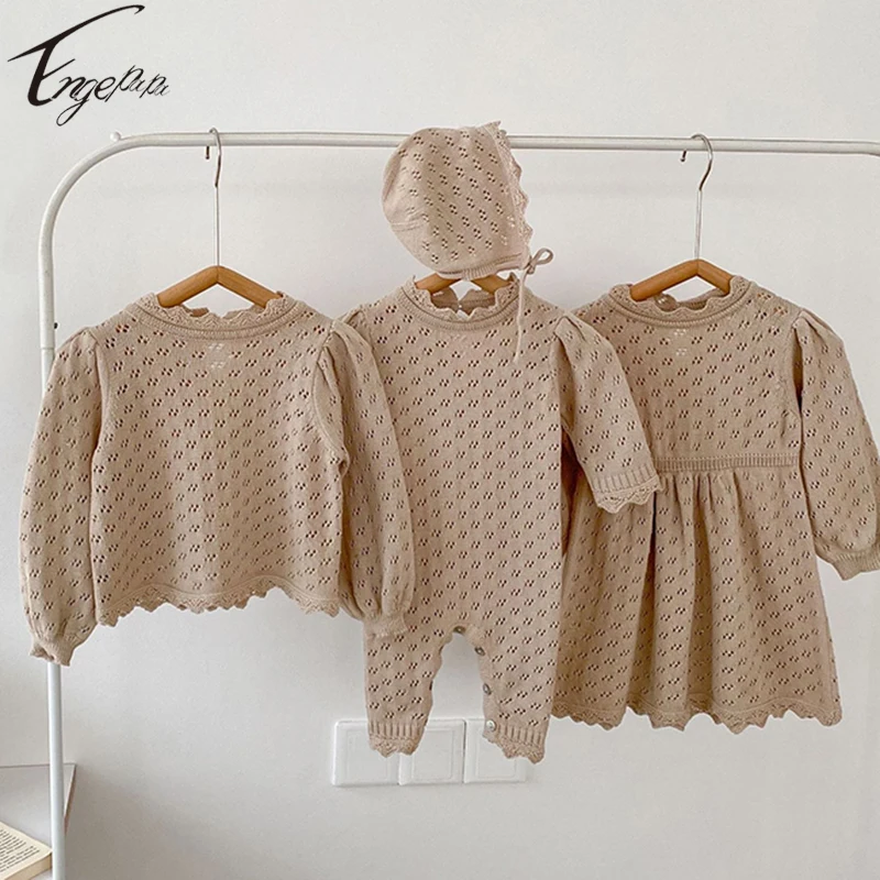 

2023 Knitted Toddler Baby Girls Long Sleeves Rompers Jumpsuit Child Solid Color Dress Tops Spring Autumn Girls Sister Clothes