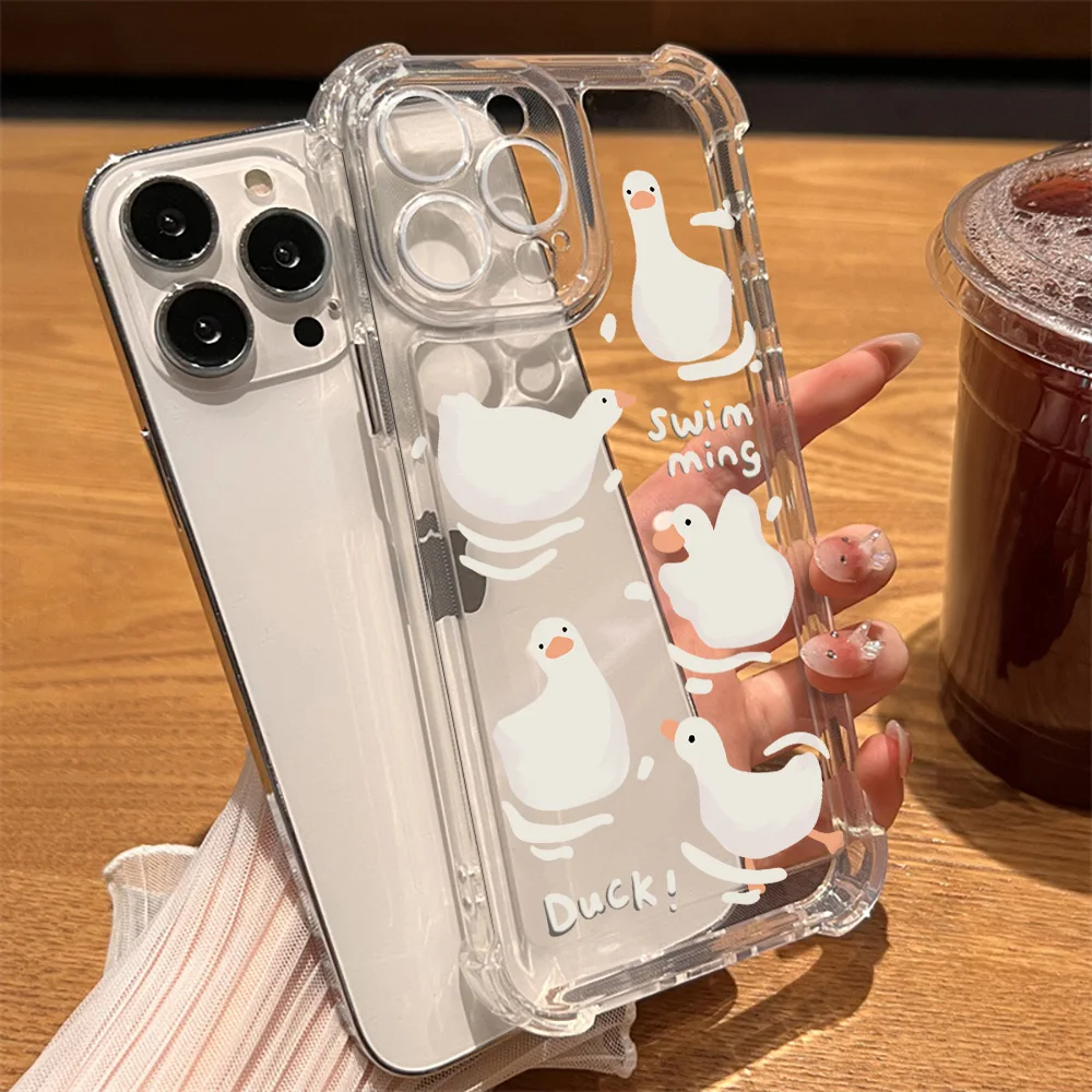 

Cartoon Duck Phone Case for iPhone 15 14 13 ProMax XR XS Max 7 8 Plus SE 12 11 Luxury Transparent Shockproof Hard Back Cover