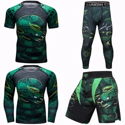 Snake Men Rashguard Jiu Jitsu MMA T-shirt + spodnie brazylijski Grappling Bjj Gi boks Rash Guard koszulki sportowe spodenki MMA 4 sztuk/zestaw