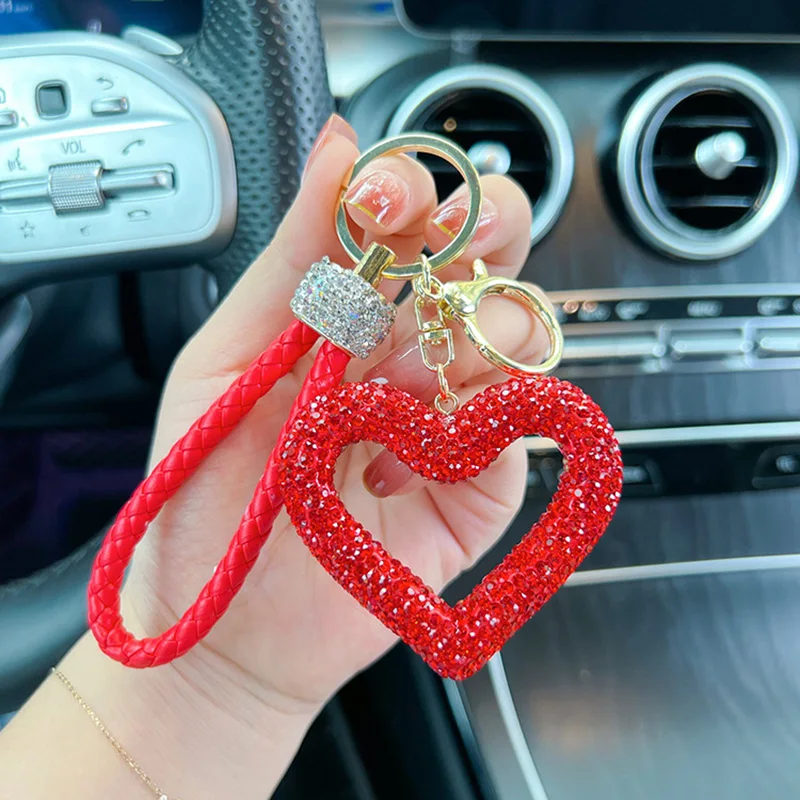 Diamond Love Key Chain Creative Hollow Clay Full-Diamond Car Keychain Pendant Leather Rope Red Heart Keychain Car Key Decoration