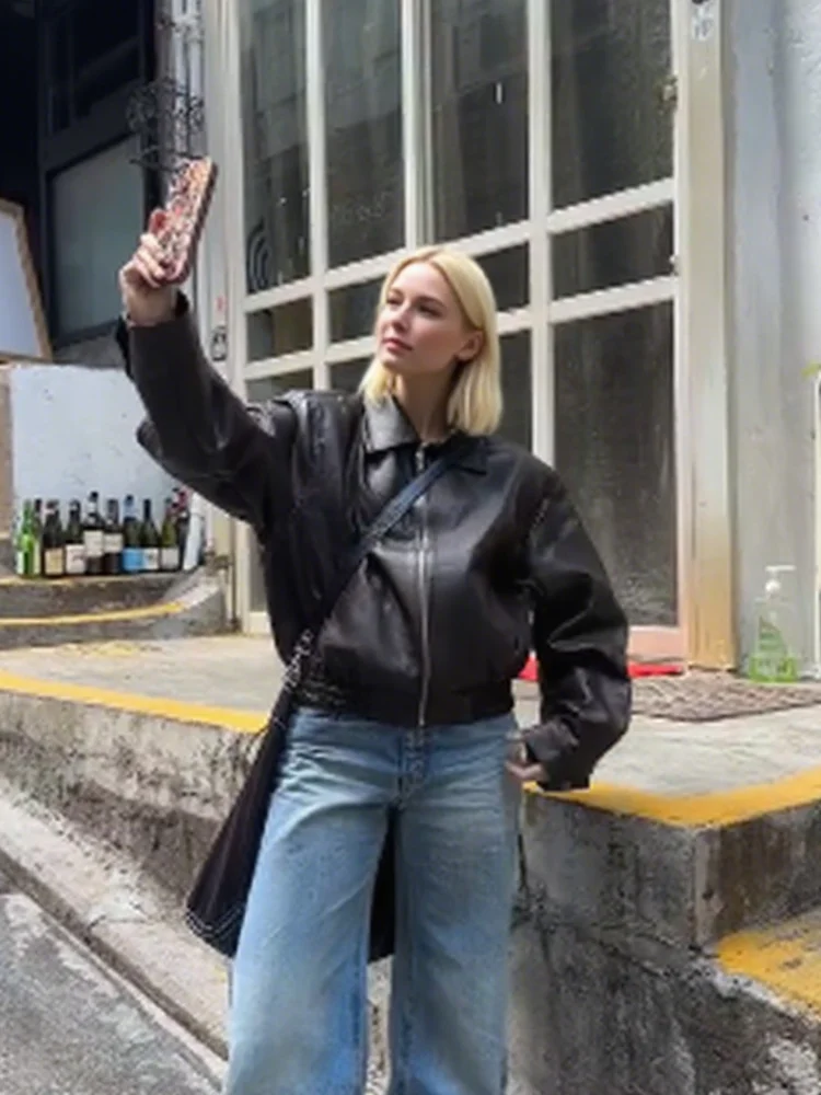 Vintage Women Leather Jackets For Women Slim Waist Lapel Long Sleeve Coats Zipper Y2k Short Streetwear 2025 New Lady Outwears