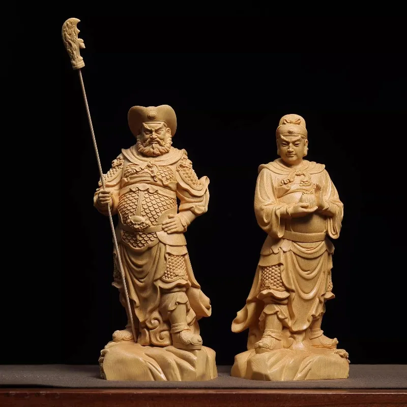 Cypress Wood Carved Statues of Zhou Cang and Guan Ping: Guardian Generals Flanking Decor