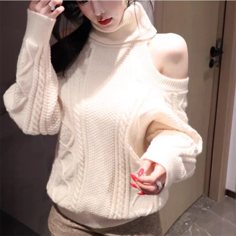 Autumn Winter Casual Solid High Collar Lapel Off Shoulder Long Sleeve Pullover 100% Wool Knitted Pullover For Women Sweater