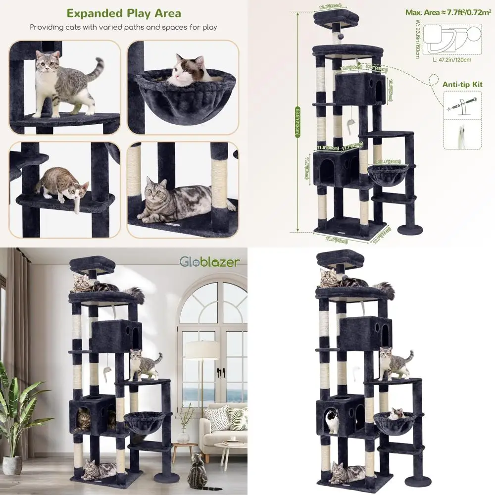 

XXL 83-дюймовый домашний кошачий комплекс с 9 столбиками для царапания для крупных кошек весом более 9 кг, темно-серый