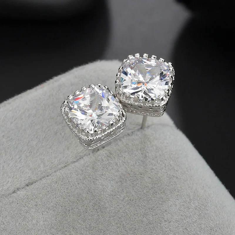 New Arrival 925 Sterling Silver Stud Earrings Shiny 6MM Square Cubic Zirconia Ear Brincos DropShipping For Women's Gift