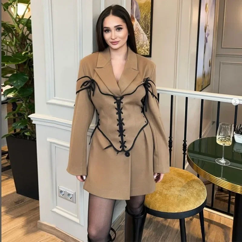 Two Piece Sets Dress Set Women Coats Dresses Mid Length Coat Notched Full Sleeve Corset Elegant Splice A Line Slim Fit Autumn