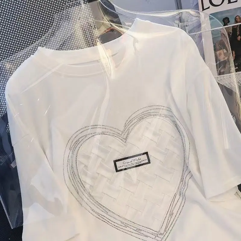 Pure Cotton Love Woven Summer Fashion Stitching Loose Short-Sleeved T-Shirt Women