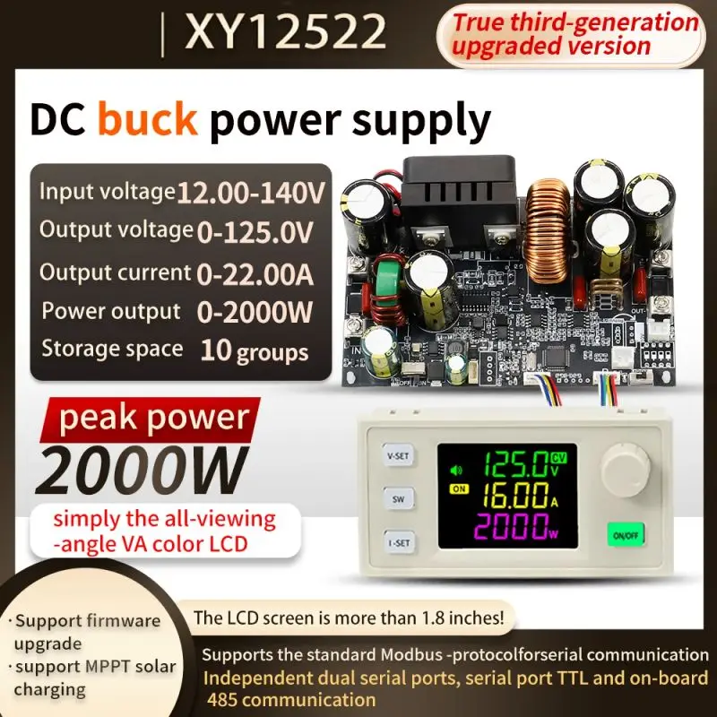 XY12522 DC Buck Power Supply 12-140V Input 0-125V Output 2000W Power MPPT Solar Charging 1.8 Inch LCD High Precision 0-22A