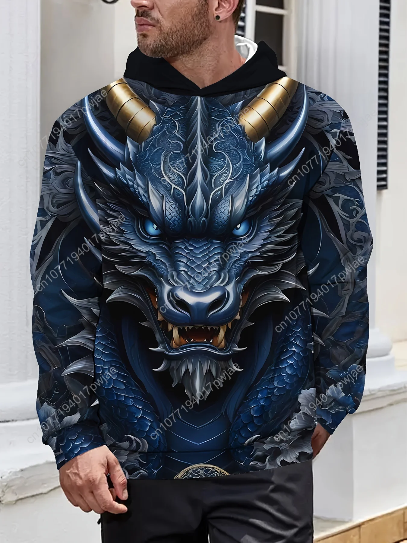 3D Dragon Print Hoodie for Men, Casual Polyester Sweatshirt, Unisex Long Sleeve Hooded Top, Knit Fabric, Casual Leisure Wear for