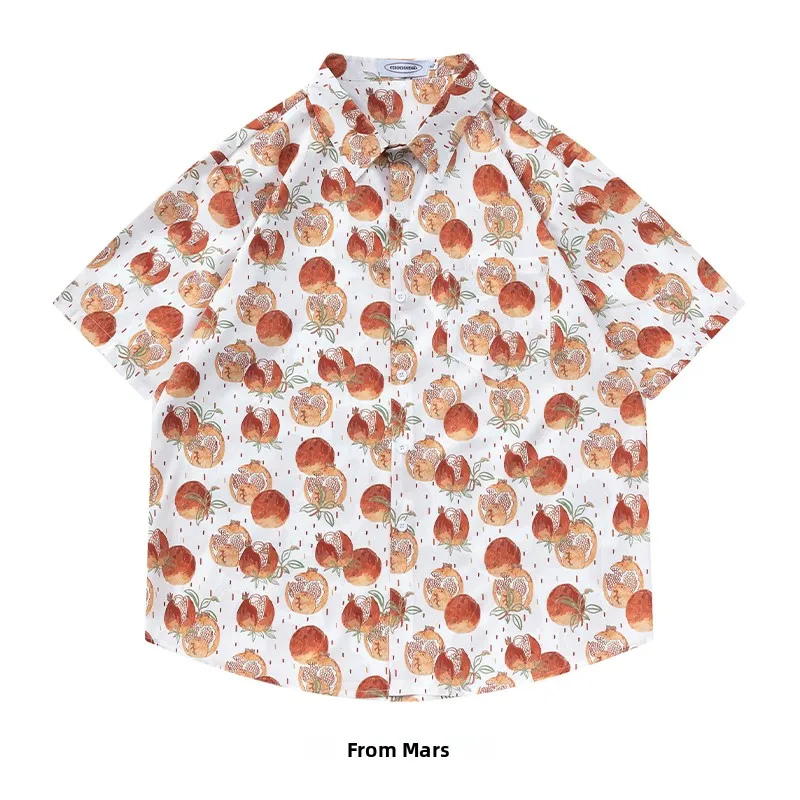 

Loose Casual Beach ort Sve irt from All Red Pomeanate Trendy fiti Print Turn-down Collar Summer Youth Faion