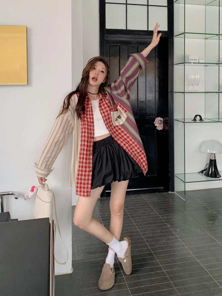 Oversized Plaid Patchwork Blouses Vintage Streetwear Boyfriend Shirt For Ladies Ulzzang Harajuku Long Sleeve 2024 Blusas Tops