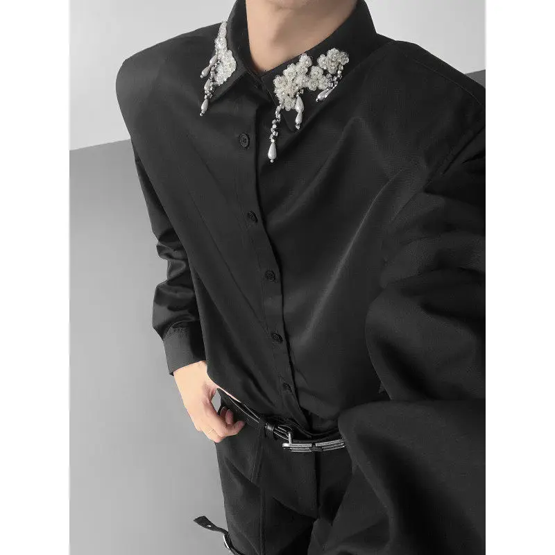 

Elegant Chinese Style Embroidered Pad Shoulder Shirt for Men Fashionable Urban Style Long Sleeve Breathable Polyester Fiber