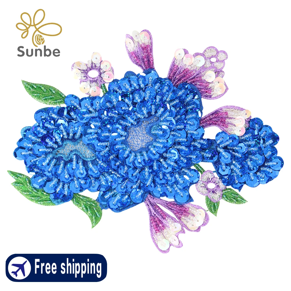 3D Blue Flowers Hand-beaded Fabric Patches Sew on Patch Beaded Applique Fashion Bead Patch Sequin and Bead Embellishments