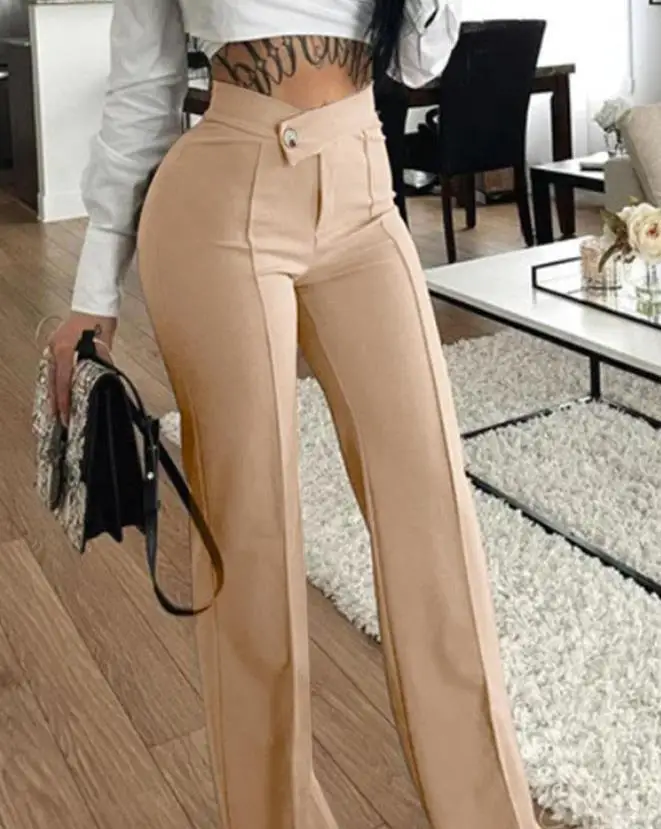 Elegant Women's Pants Summer Fashion Y2k Plain Zip Fly High Waist Office Lady Work Pants Casual