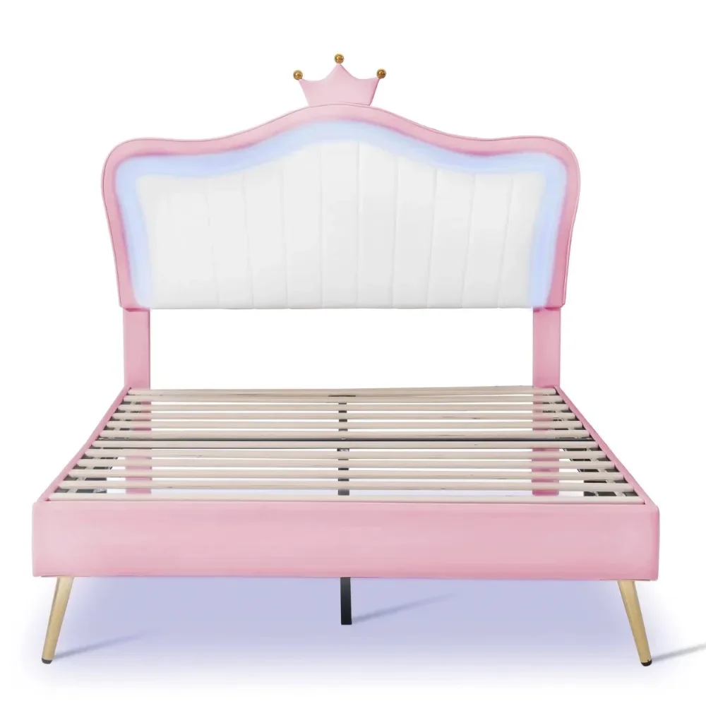 

Modern Full Size Upholstered Bed with Crown Headboard and LED Lights, Platform Bed Frame with Metal Legs and Wooden Slats
