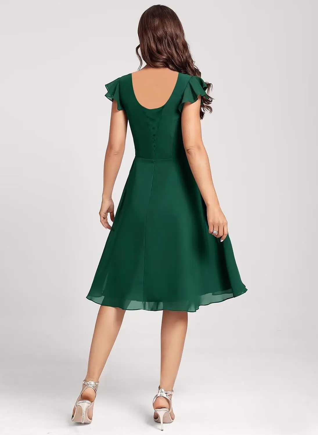 ชุดเพื่อนเจ้าสาวผ้าชีฟองสั้นสำหรับผู้หญิง คอวี แขนระบาย แต่งระบาย ชุดราตรีออกงานพร้อมกระเป๋า IMC006 ชุดราตรี