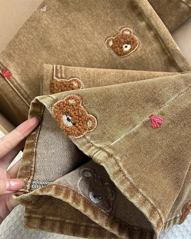 Maillard style Retro Brown Teddy Bear Women's High-waisted Loose Skinny-leg Wide-leg Pants Floor-length