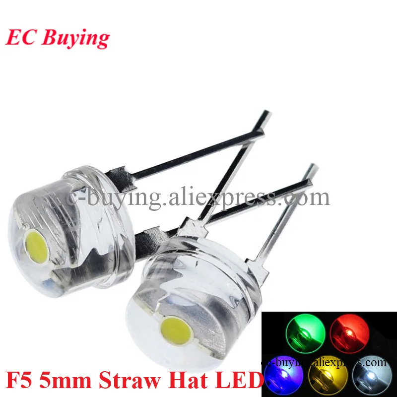 50pcs F5 5mm Straw Hat LED Diode Super Bright Lamp Clear Transparent 0.5W Light Emitting Diode Red Yellow Green Blue White Diy