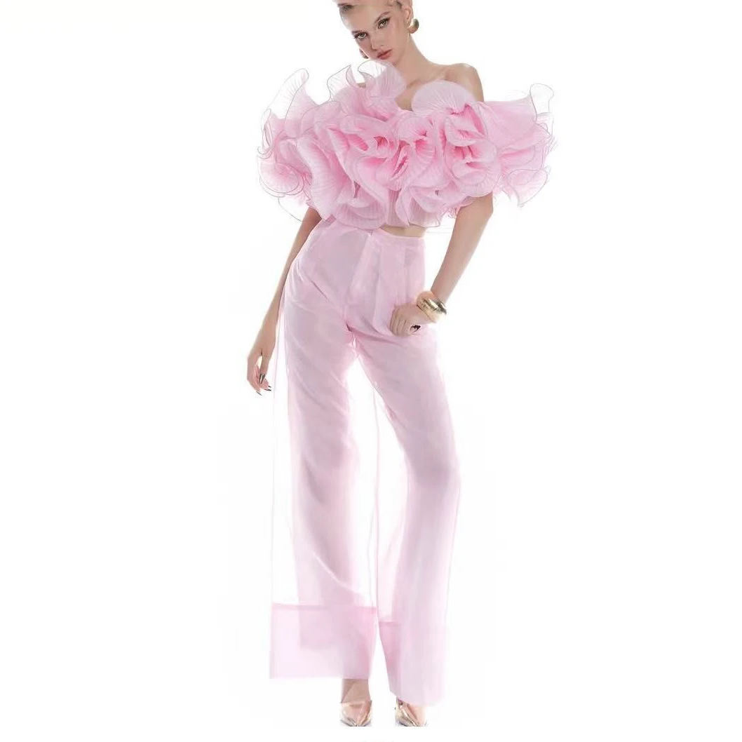 Set Wanita Couture 2 Potong Atasan dan Celana Longgar Gaun Pesta Wanita Blush Pink Ruffle Set Wanita Off Shoulder Maxi Gowns Custom