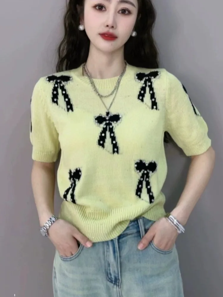 2024 Summer Diamonds Bow Jacquard Sweater Women Short Sleeve Round Neck Elegant Stylish Korean Fashion Chic Knitwear Jumpers