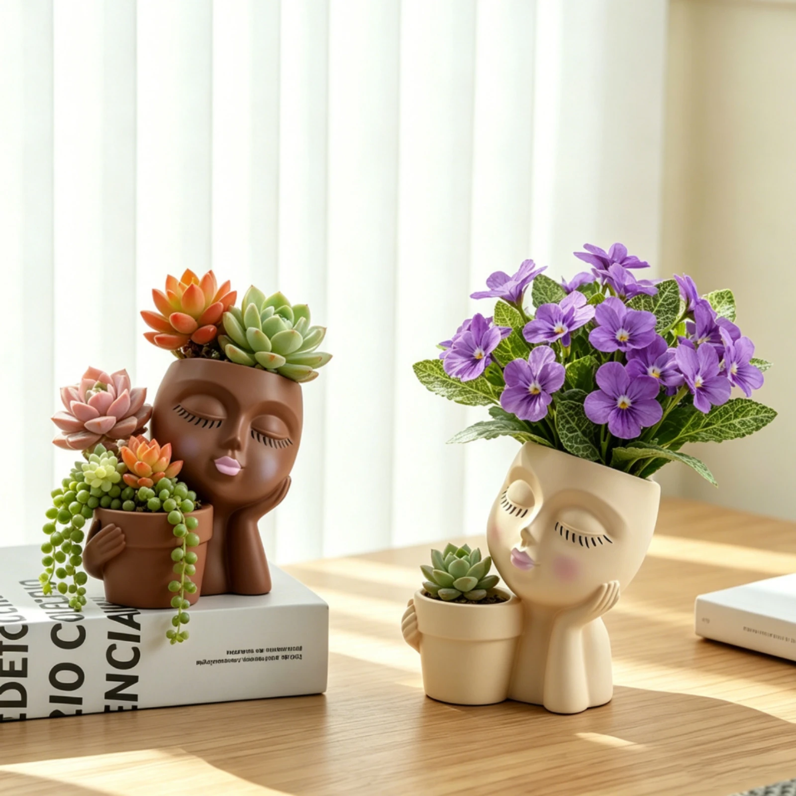 Girl Holding Flower Pot Sculpted Girl Planter Pot Resin Planter Artistic Home Decor Polished Finish for Courtyard, Balcony