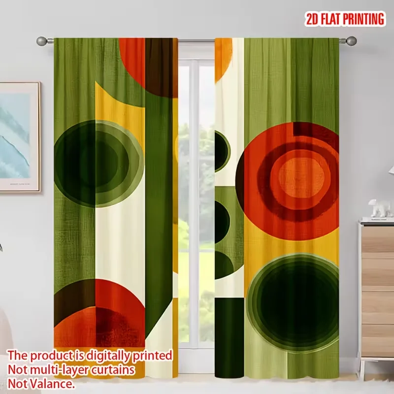 2pcs Retro Geometric Circle & Striped Pattern Curtains, Designed for Light Blocking, Premium Material, Suitable for Living Room,
