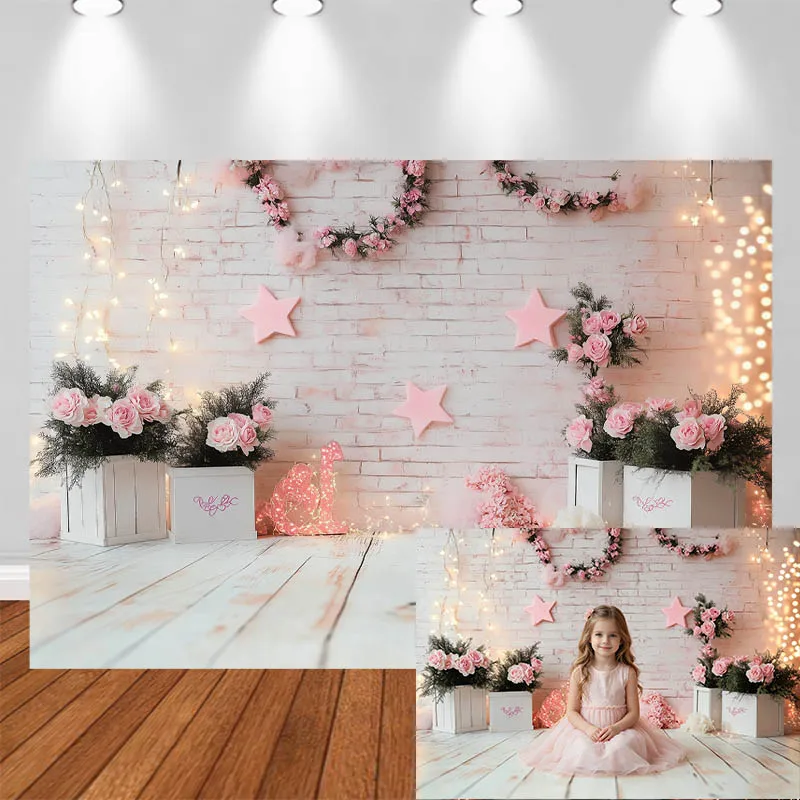 LS Photography Background Girly Pink Brick Wall Star Floral Wooden Box Decor Birthday Kids Portrait Photo Backdrop Studio