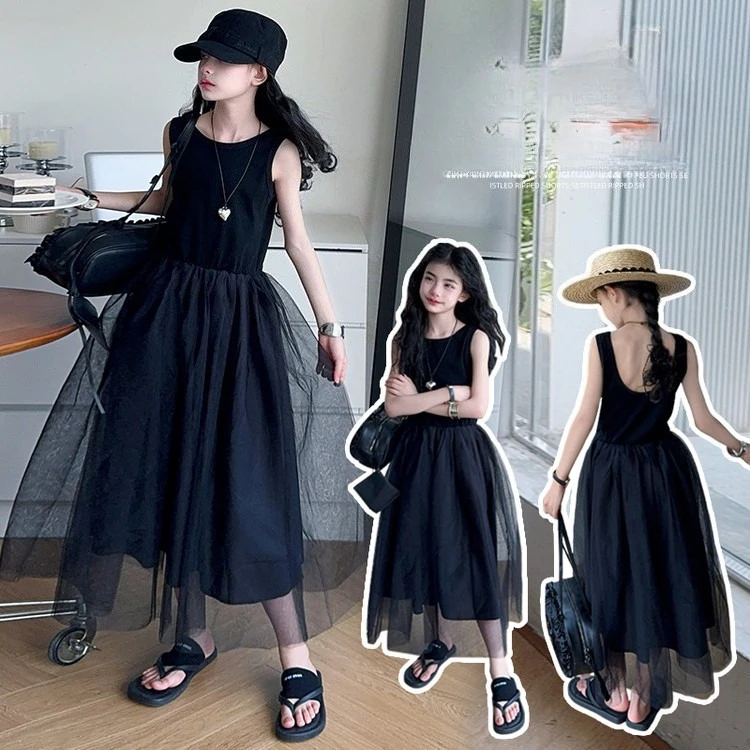 

Черное длинное платье с сеткой для девочек-подростков во французском стиле, модные сетчатые платья принцессы без рукавов, одежда для маленьких детей 4–14 лет