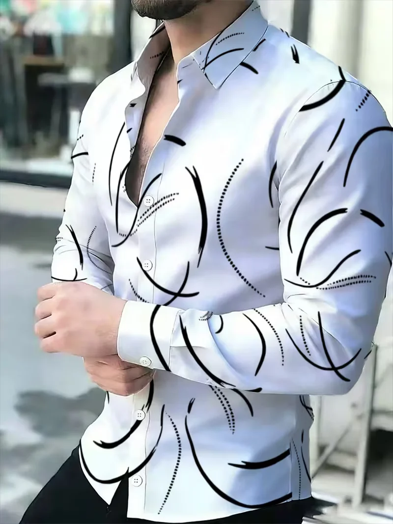 New black, red, and gold painted contrasting striped men's long sleeved shirt, trendy banquet lapel slim fit shirt
