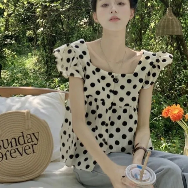 

Summer Blouse Women Clothes Square Collar Flying Sleeve Sweet Shirts 2025 Blusas Mujer De Moda Loose Chic Polka Dot Blouses Tops