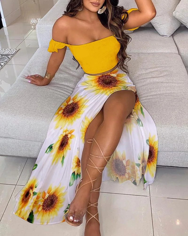 Two-Piece Set Women Sexy Off-Shoulder Smocked Tube Top Floral High-Waist Split Maxi Skirt Boho Suit Summer Women Casual Sets