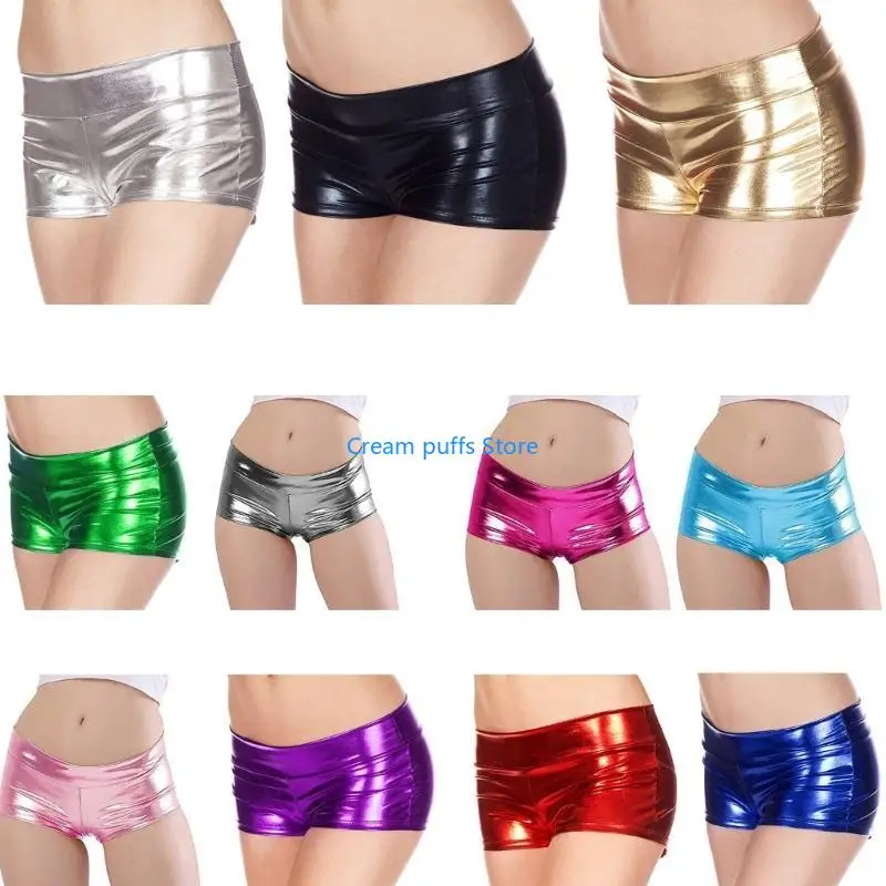 50LE Womens Faux Leather Metallic Rave Booty Dance Shorts Wetlook Festival Dance Shorts Casual Low Waist Hot Pants Gifts