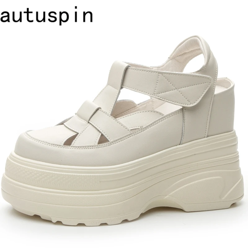 Autuspin 10cm damskie letnie sandały gladiatorki wysokiej jakości Split skórzane kliny platformy obcasy splot buty na plażę w stylu rzymskim kobieta