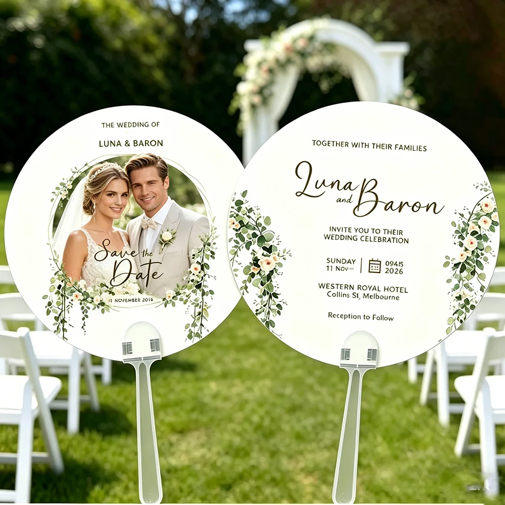 

50Pcs Wedding Printing Paper Fans Wedding Mariage Party Hand Fans Souvenir Gift Ceremony Photo Fans Double Sided Printing Logo