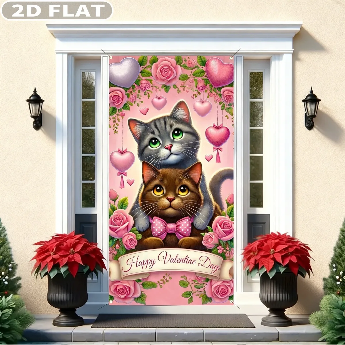 

1pc Happy Valentine's Day Party Banner Door Cover 71x35Inch Cat Door Decor Backdrop Durable Polyester Valentines Front Door