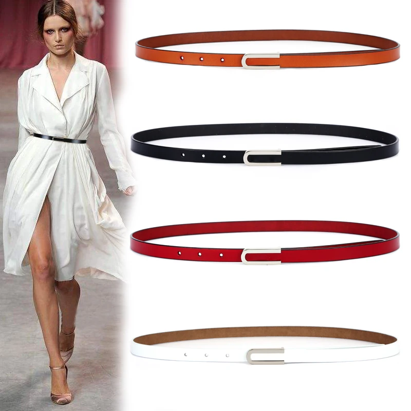 

Women's Fashion Skinny Slim Belt Soft Genuine Leather Belts Waistband Thin Waist Belt Silver Color Alloy Buckle Girdle