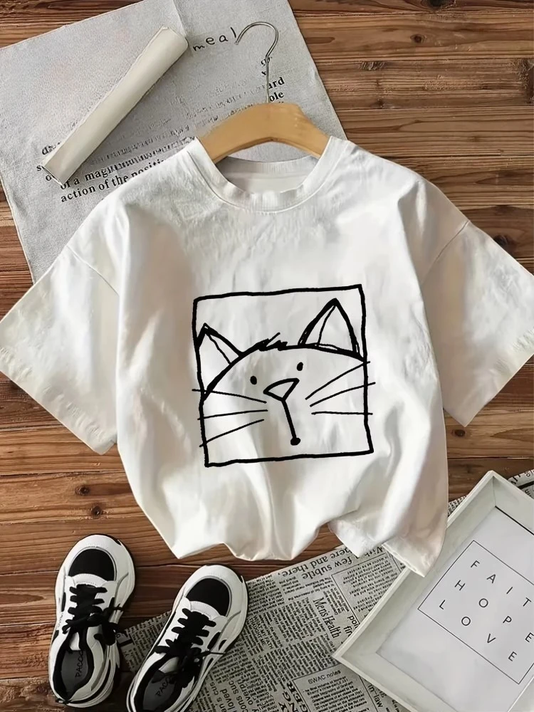 Kawaii Cat Letter Print T Shirt Women Cotton Graphic Printed Short Sleeve Round Neck Korean Egirl Tee Summer Casual Hot Sale